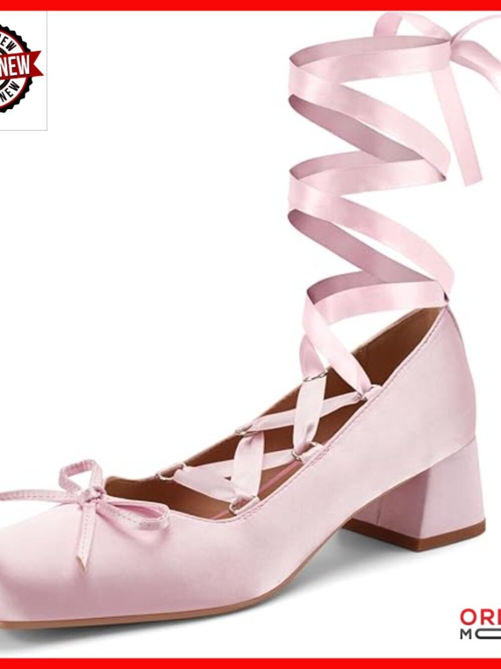 Satin Square Toe Ballet Pumps with 2-Inch Block Heel and Lace-Up Straps